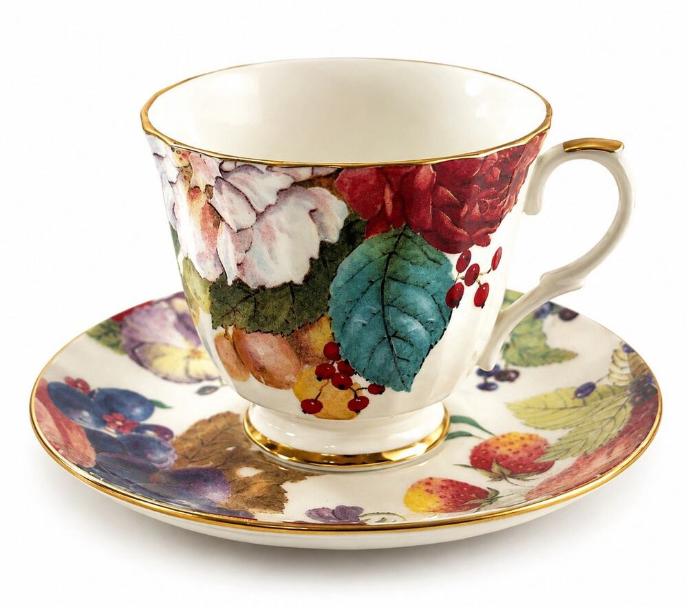 Duchess Fine Bone China England Teacup Saucer Set Fruit Floral Gold Trim